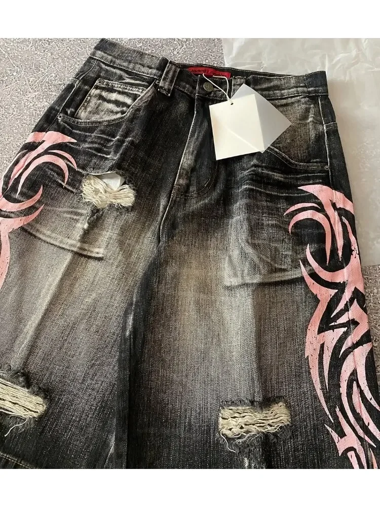 

Deeptown Vintage Y2k Women Short Jeans Harajuku Graphic Print Denim Shorts Wide American Jorts Baggy Hip Hop Gothic Streetwear