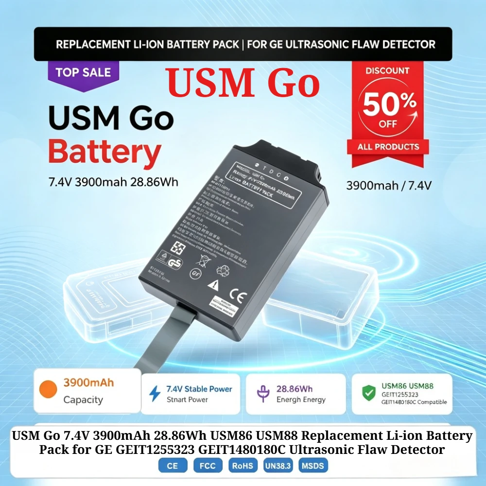 USM Go 7.4V 3900mAh 28.86Wh USM86 USM88 Replacement Li-ion Battery Pack for GE GEIT1255323 GEIT1480180C Ultrasonic Flaw Detector