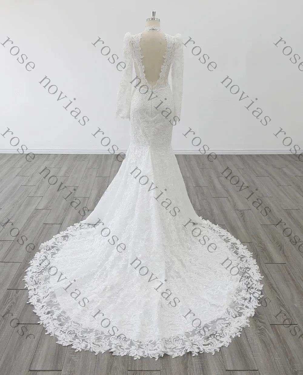 Customized High Neck Puff Long Sleeve Mermaid Wedding Dress Full Lace Sheer Waist Keyhole Design Chapel Train Vintage Wedding