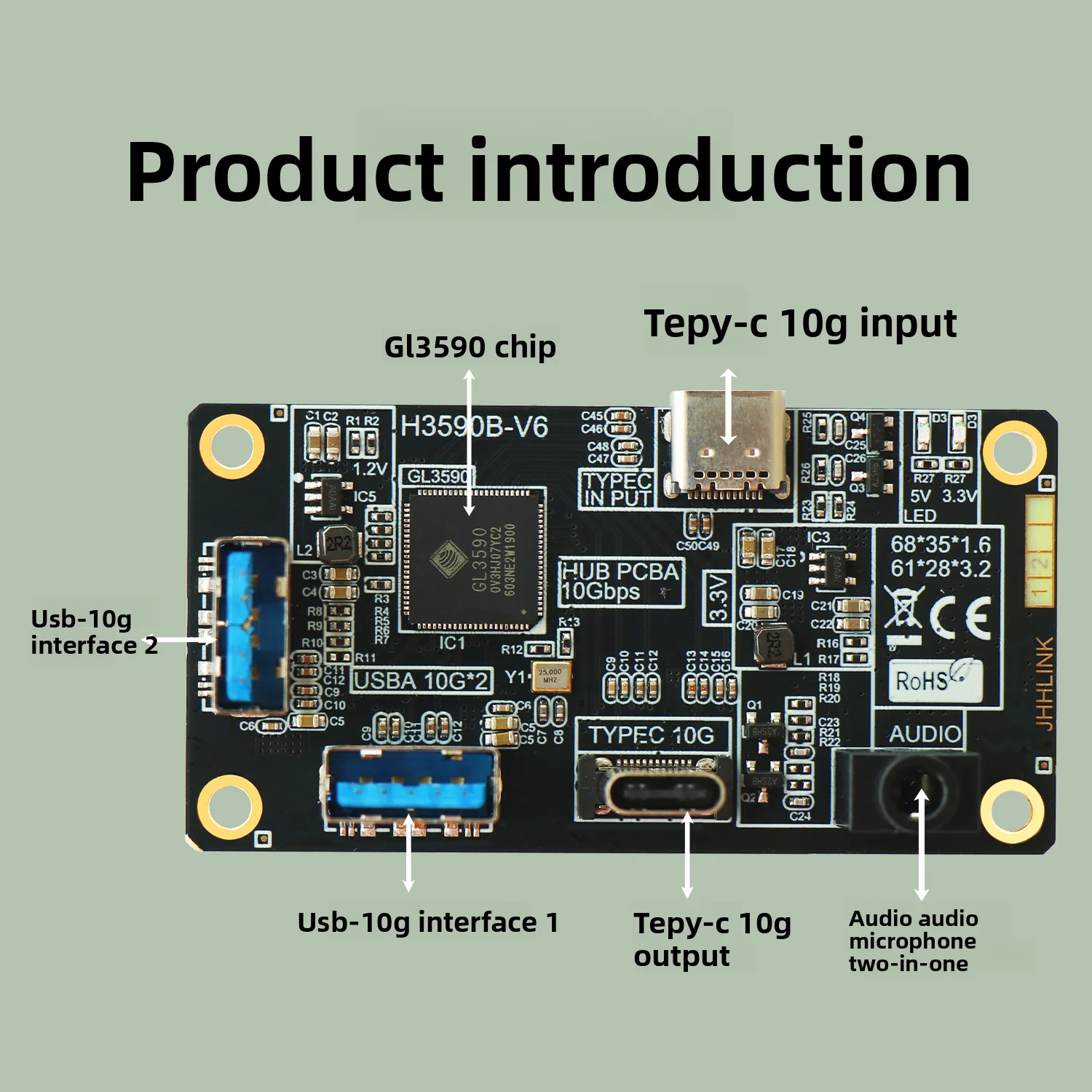 USB 3.2 Gen2 10Gbps Multi-Ports Docking Station Type C Hub To Dual USB‑A 10G*2 Audio Jack Full‑Function Adapter For PC Expansion