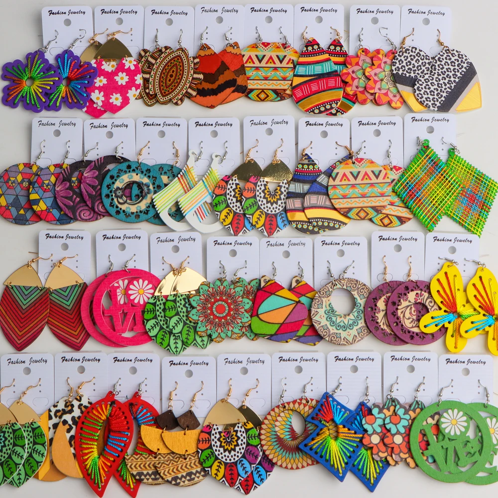 10 زوج/وحدة موضة أنيقة العرقية هندسية متعدد الألوان أقراط خشبية للنساء عطلة يومية مجوهرات اكسسوارات هدايا الحفلات