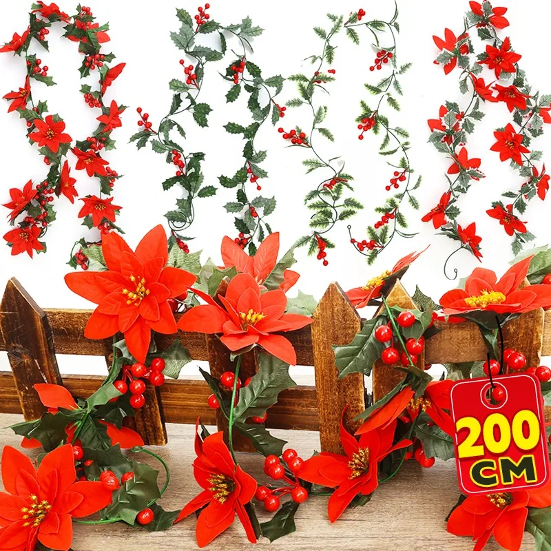 Christmas Garland Artificial Berry Plants Vine Green Red Holly Berry Vine Garden Christmas New Year Xmas Tree Decor Photo Props