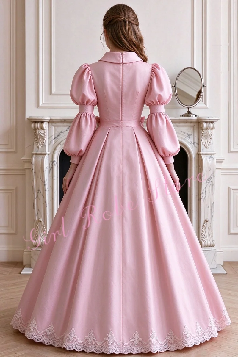 Customized Princess Pink Luxurious Satin Lace A-Line Long Sleeves Elegant Teen Graduation First Communion Bridesmaid Prom Gown