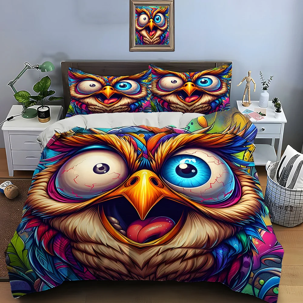 Colorful exaggerated owl art illustration Bedding Set for Kids Luxury Gift 3pcs Digital Print Comforter Set Soft Comfortable