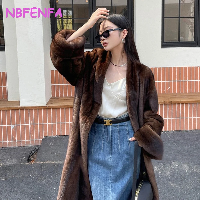 NBFENFA Winter Long Vintage Elegant Luxury Chic Thick Warm Soft Brown Fluffy Faux Mink Fur Coat Women V Neck Furry Overcoat 2024