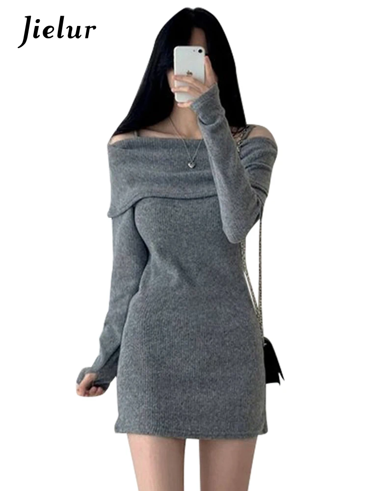 Jielur Autumn New Solid Color Sexy Women Dress Sweet Ladies Elegant Chic Dress Woman Black Grey Knitted Tight Hip Dresses Female