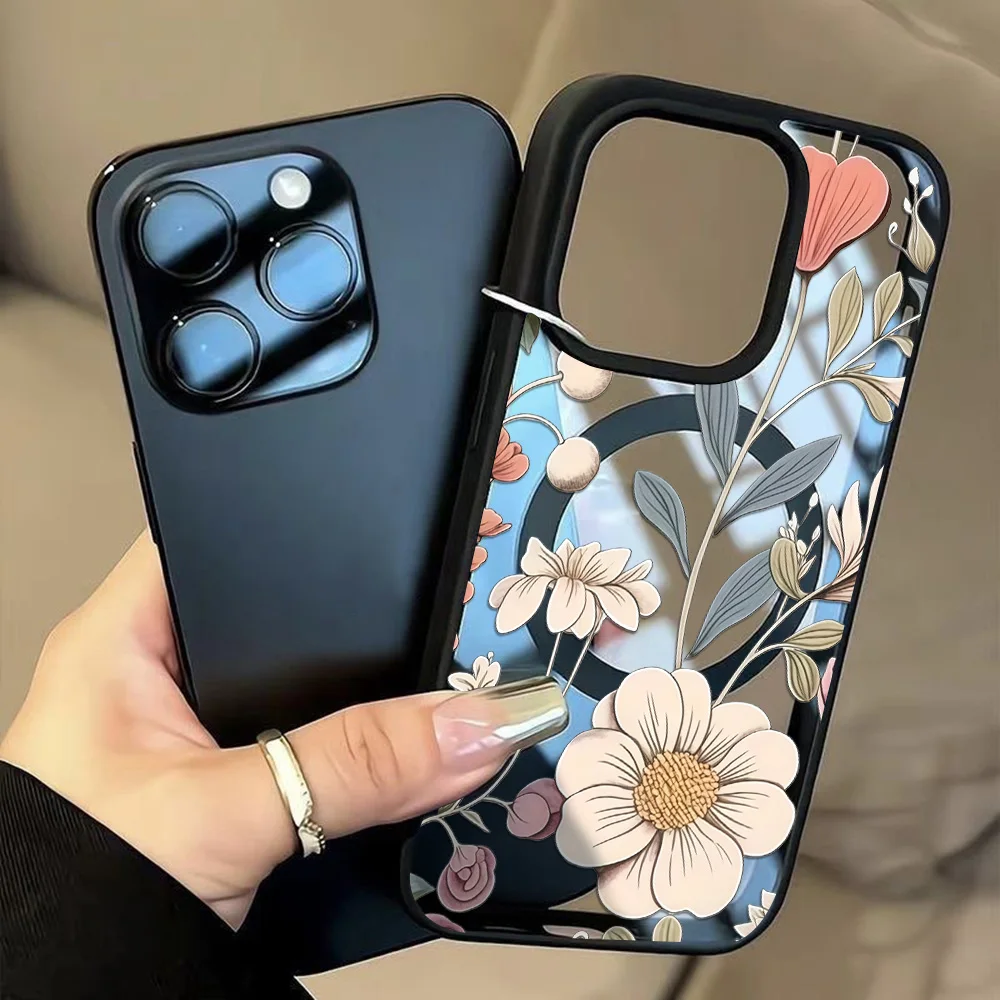 Black Frame Floral Anti-fall Phone Case For iphone 17 14 15 16 11 12 13 Pro Max 14 15 16 Plus 17 15 16 Pro Air transparent Cover