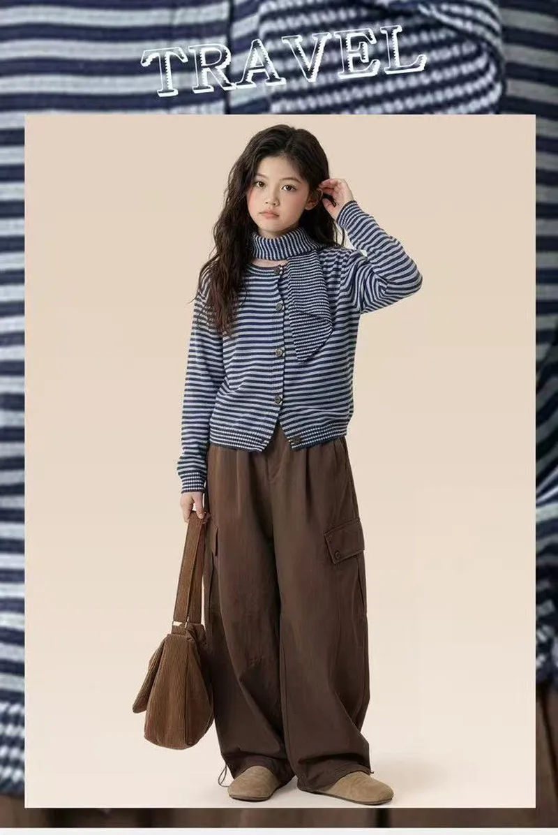 Girl's Blue Striped Knitted Cardigan New Loose and Versatile Casual Pants Look Thin Simple and Fashionable Set