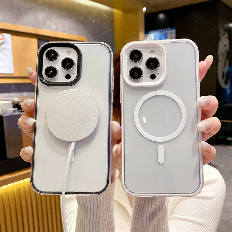 Luxuriöse, bonbonfarbene, klare magnetische Handyhülle für iPhone 16, 15, 14, 13, 12, 11, Pro Max, kabelloses Laden, stoßfeste Schutzhülle