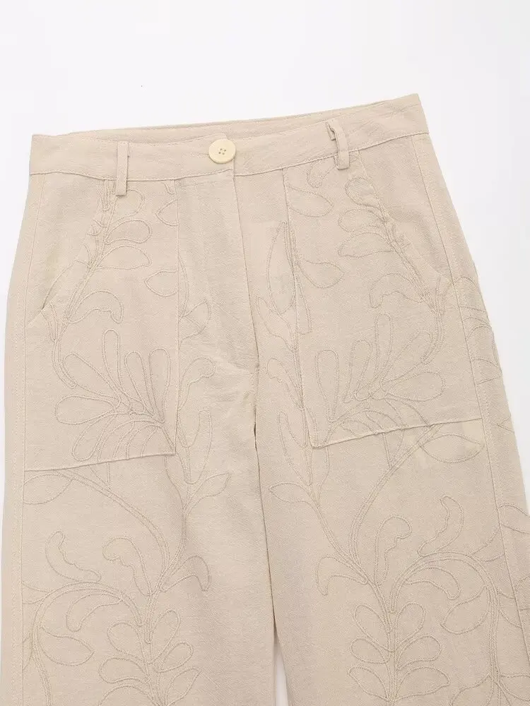 Tangada 2024 Women Embroidery 85% Cotton Pants Trousers High Waist Female Khaki Pants 6H0264