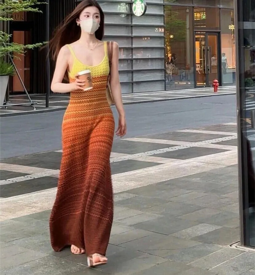 2024 Fashion Summer Hollow Out Knitted Striped Holiday Robe Women Spaghetti Strap Wavy Rainbow Gradient Color Stretch Long Dress