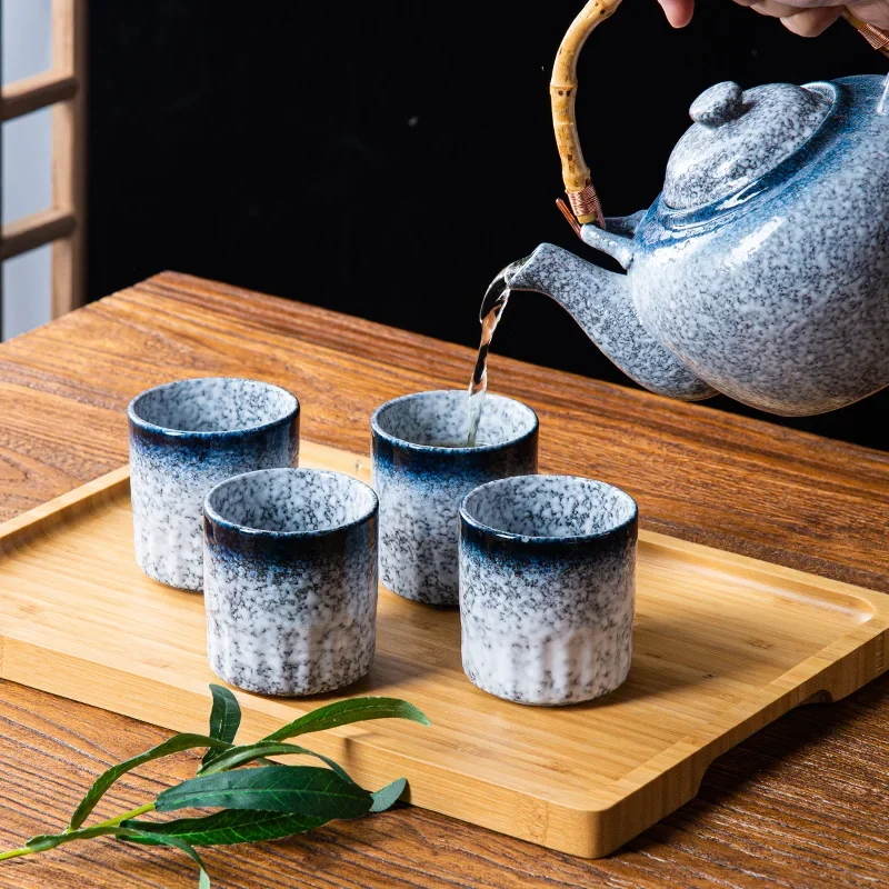 Japanese Ceramic Tea Set Retro Bamboo Handle Teapot with Cups Heat-Resistant Water Pot for Home & Restaurant Durable Tea Ware