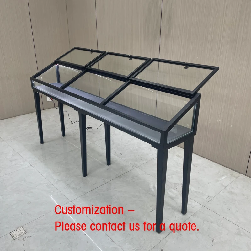custom.Vintage Ironwork LED Lockable Jewelry Display Cabinet with Transparent Tempered Glass Shopping Mall Commercial Use