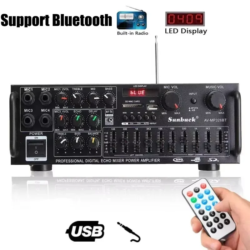 2000W Audio Power HiFi Versterker 326BT 12V/220V AV Amp Luidspreker Met Afstandsbediening voor auto Thuis Ondersteuning Bluetooth 2.0 Kanaals