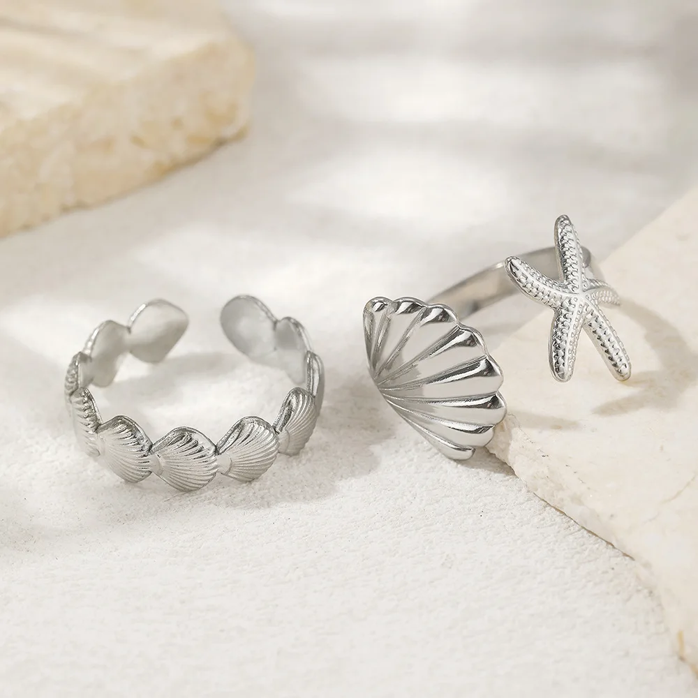 2/3 teile/los Edelstahl Kreative Seestern Shell Ringe Wasserdicht Einstellbar Offenen Ring Für Frauen Sommer Seabeach Schmuck Geschenke – Detail 6