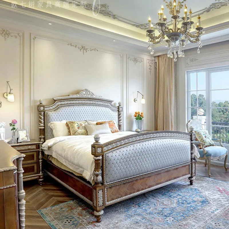 Classic European Royal French Design Solid Wood King Size Bed with Genuine Leather Upholstery Luxury Bedroom Furniture by KENVY