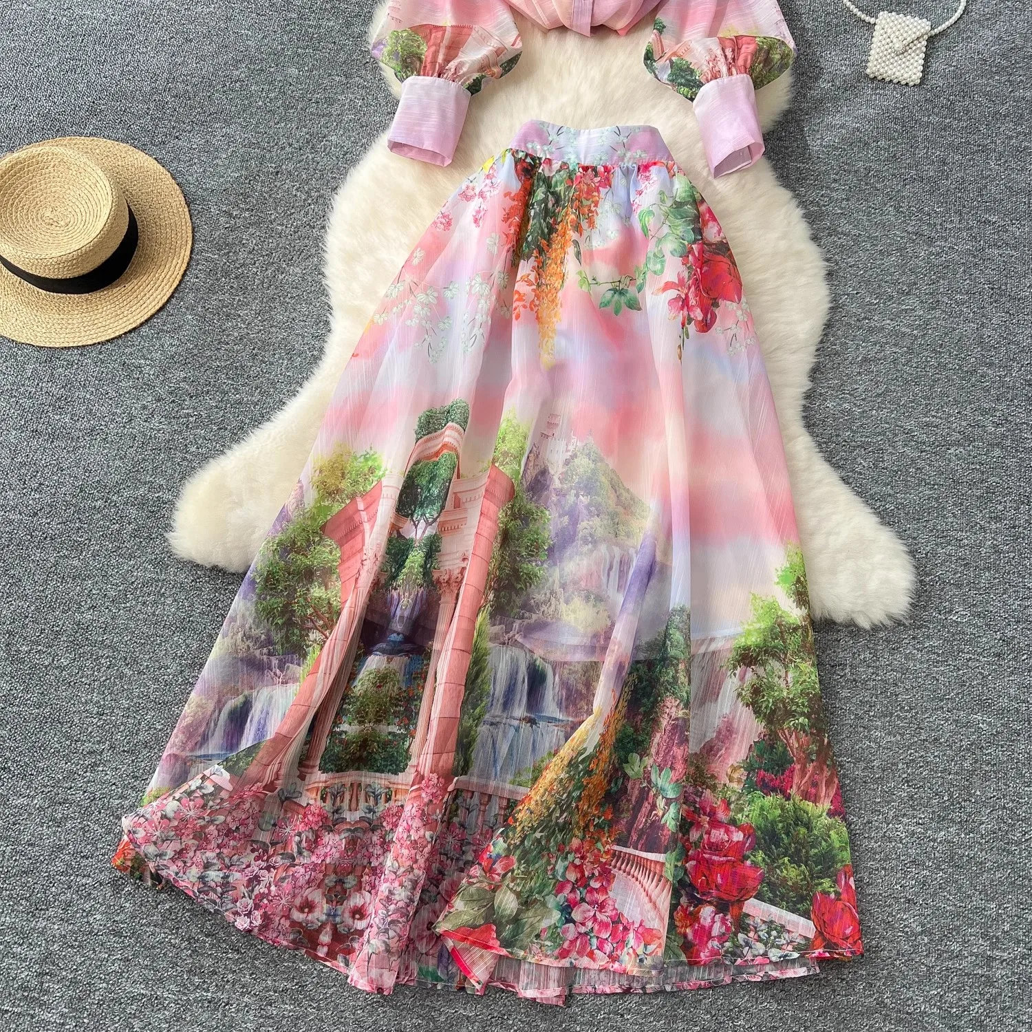 Alta qualidade feminino verão boho floral impressão saia conjunto blusa de manga longa topo + cintura alta plissado maxi saia ternos de duas peças