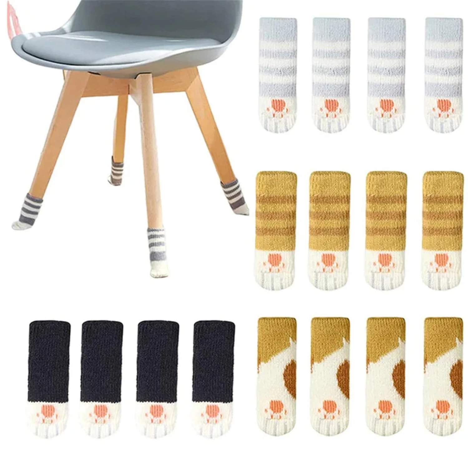 Set of 8 Cute Knitted Non Slip Floor Protectors Chair Leg Covers for Square and Round Feet - Adorable Cat Paw Socks Table Bootie