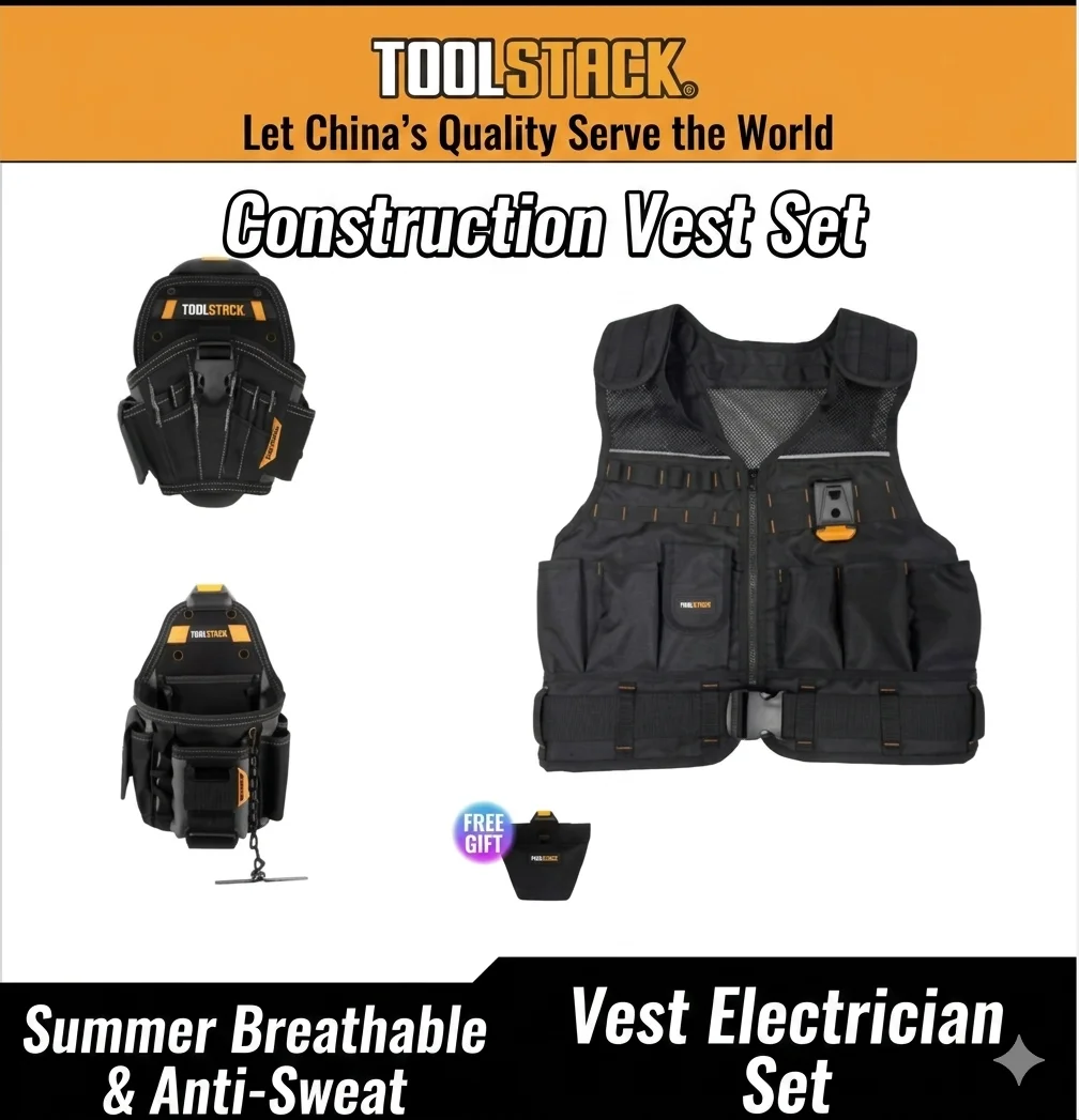 

TOOLSTACK Professional Construction Vest Set - Summer Breathable & Anti-Sweat Electrician Tool Vest with Multi-Pockets & Hardwar