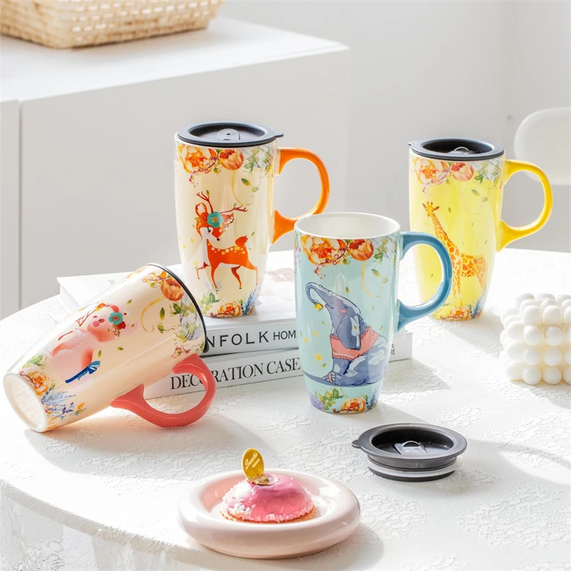 Ceramic Coffee Cup Cute Cartoon Animal Printing Cup with Lid Elephant Handmade Milk Tea Cup Gift Office Living Room Mug