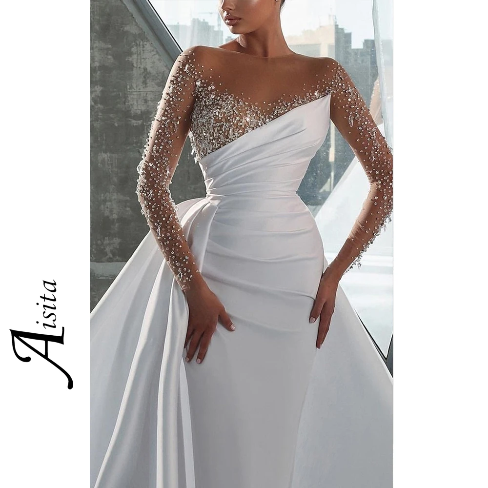 Luxurious A line Wedding Dress Boho V Neck Satin Beaded customized Dress Long Sleeves Elegant and Pretty Women's Dresses Vestido