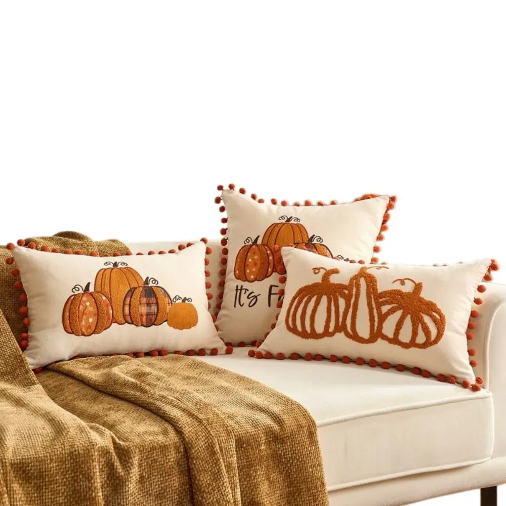 New Pumpkin Tufted Throw Pillow Cover Rustic Style Soft Cushion Cover Square Maple Leaves Pillow Covers Fall Decor