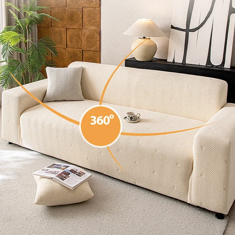 Solid Jacquard Velvet Elastic Sofa Cover Simple Striped Love All-Inclusive Couch Slipcover Soft Anti-Scratch Furniture Protector