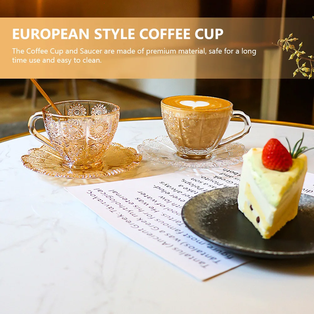 

1Set Coffee Cup Saucer Set Vintage European Style Clear Glass Tea Cup Comfortable Handle Gift Tea Glasses Cups and Saucers