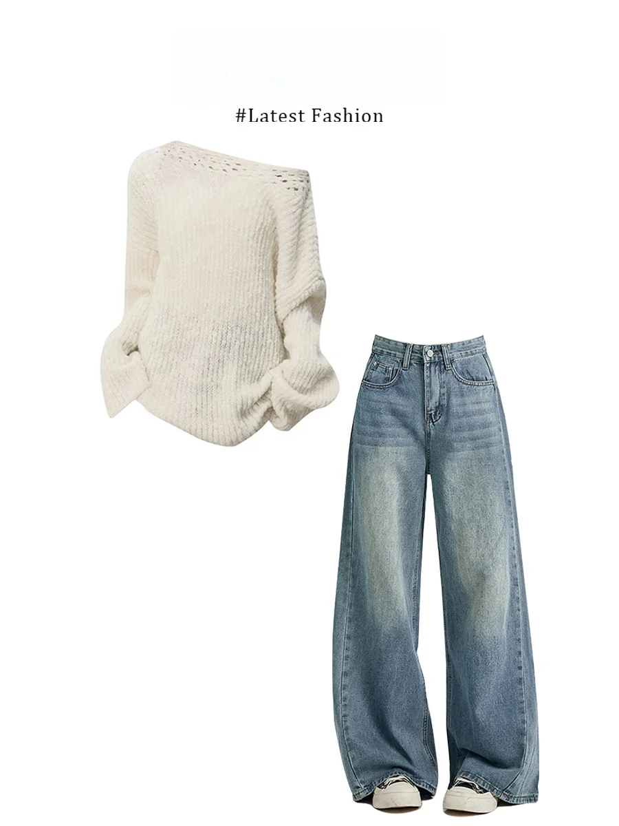 

Корейский стиль: Мягкий вязаный свитер Фуфу и джинсы с широкими штанинами – модный комплект для женщин. Повседневная домашняя одежда с длинным рукавом, круглым вырезом и молнией.