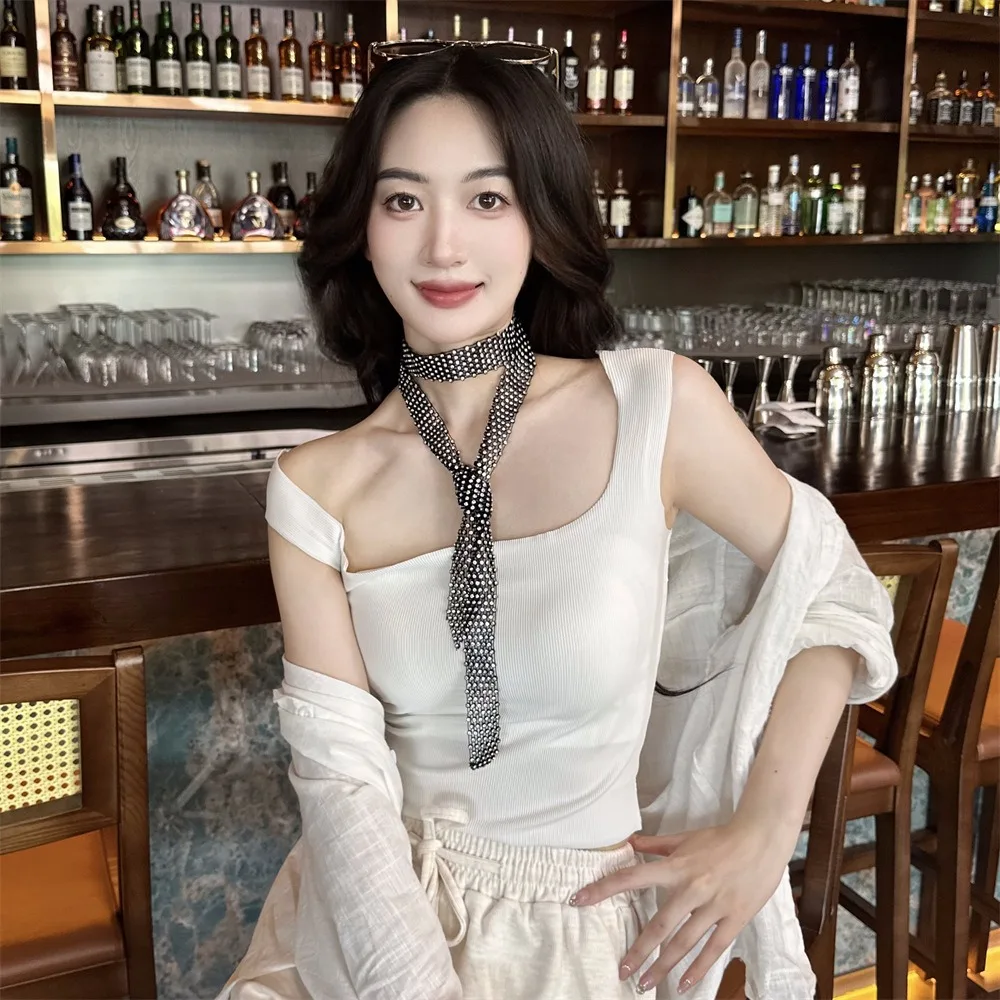 90/130/150 سنتيمتر حجر الراين التعادل أسود/أبيض ربطة العنق الطويلة الجوف خارج رائعة المبهر مزين التعادل #4