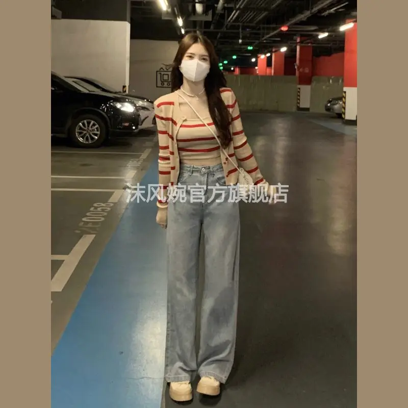 Early autumn new Korean version pure desire style striped camisole knitted cardigan jacket+fashionable jeans three piece set