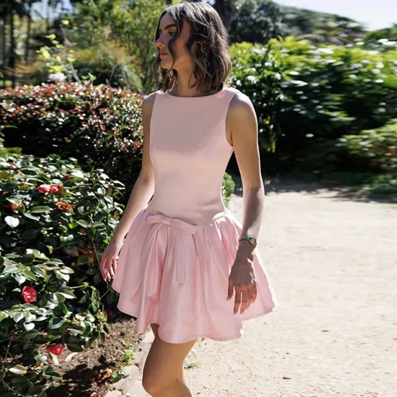 

Talenza Pink Bow Mini Dress Sexy Sleeveless Hollow Out Patchwork Pleated Slim Dress High Waist Party Looks Women's New Dresses