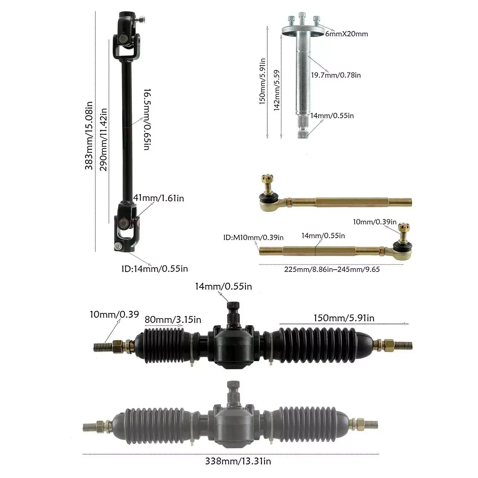 Go Kart Steering Wheel Shaft Gear Rack Tie Rod Shaft Kit & 4  4 Stud Hub & Disc Rotor for 110cc Quad Bike ATV Dune Buggy