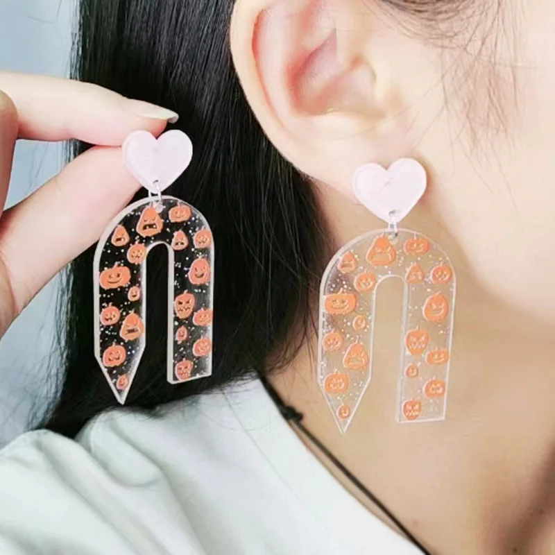 Transparent Pencil Bat Print Earrings Simple Pink Love Halloween Cat Wizard Hat Pumpkin Print Acrylic Hanging Earrings