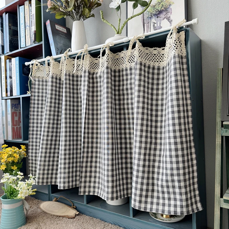 

Gingham Plaid Check Window Curtain Tiers Valances Tie Top Semi Sheer Farmhouse Short Curtains for Kitchen Bedroom Bathroom Decor