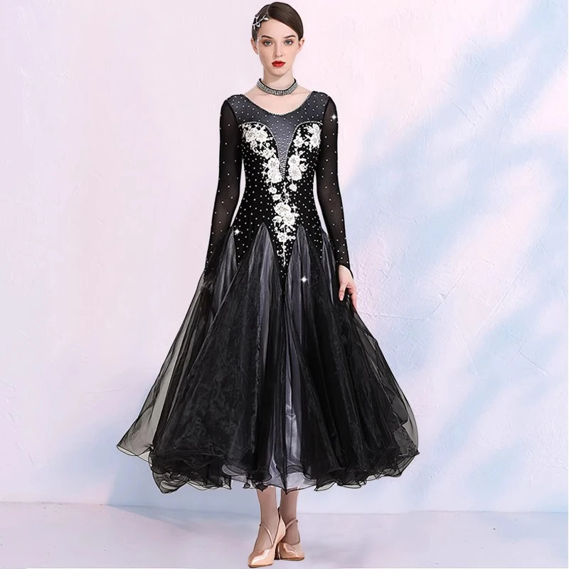 

Custom Size Round Neck Girls Ballroom Dance Competition For Women Dance Wear Black Waltz Dress Ball Gown Foxtrot Dance Costumes