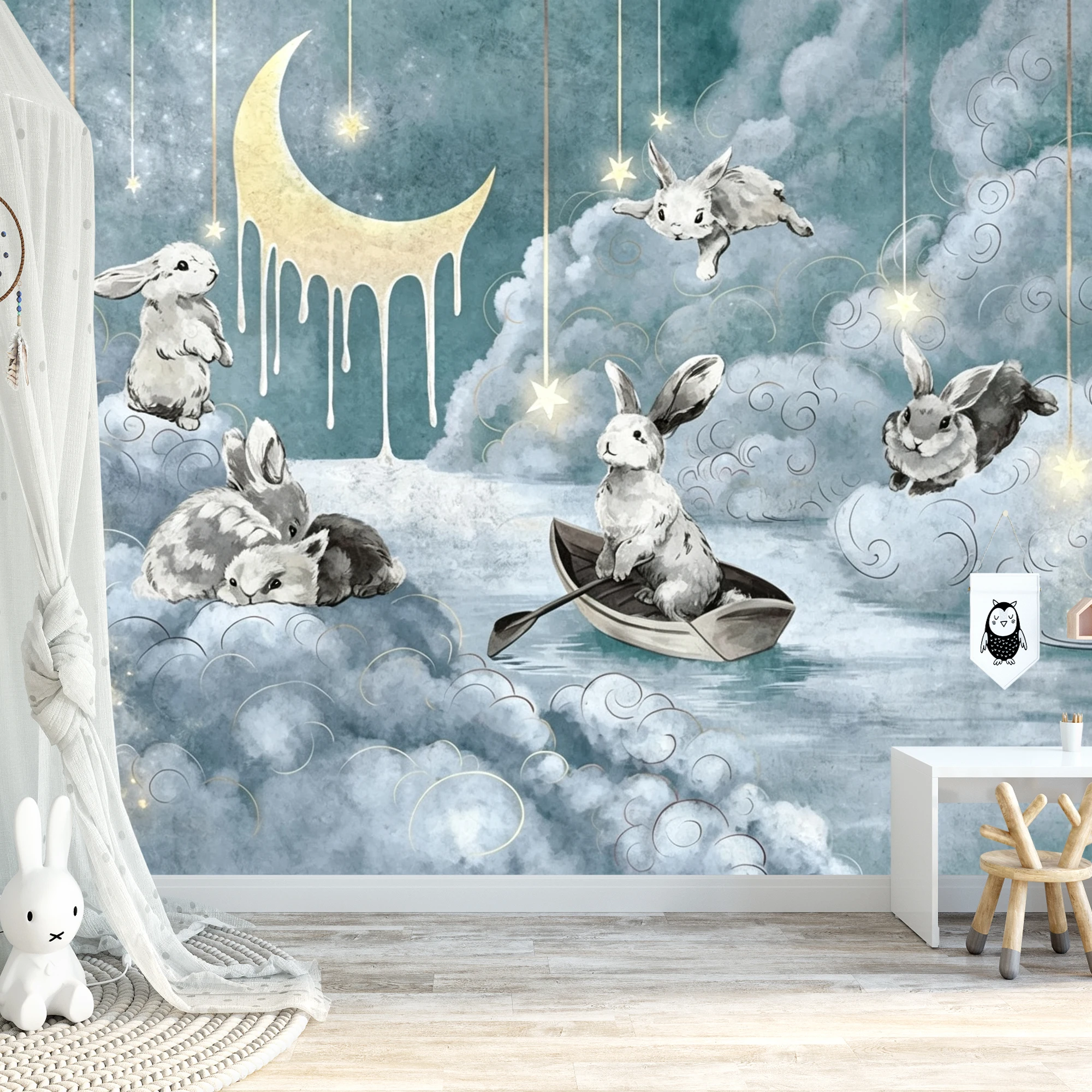 Custom Mural Wallpaper Kids Fantasy Peel And Stick Wall Mural Rabbit Moon Star Cloud Sky For Girls Nursery Bedroom Home Decor