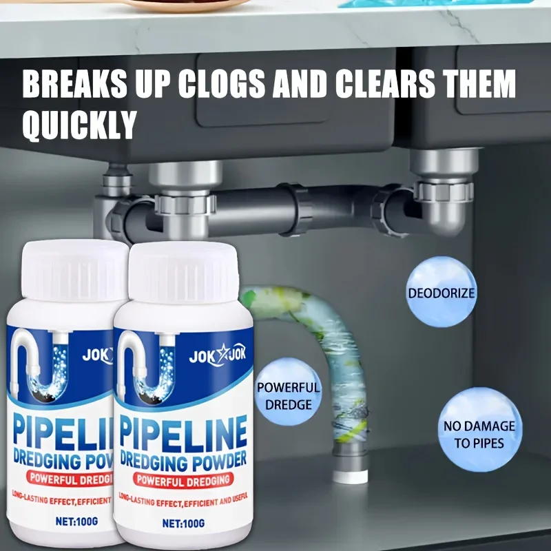 JOKJOK 100G مسحوق تجريف خطوط الأنابيب القوي - مزيل تسد سريع للمركبات الترفيهية والمصارف، يذوب الشحوم والشعر والصابون، آمن على غير PVC