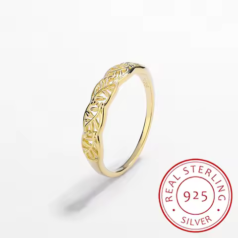 Simple 14K Gold Genuine S925 Sterling Silver Cutout Leaf Ring For ladies Valentine's Day Gift Jewelry