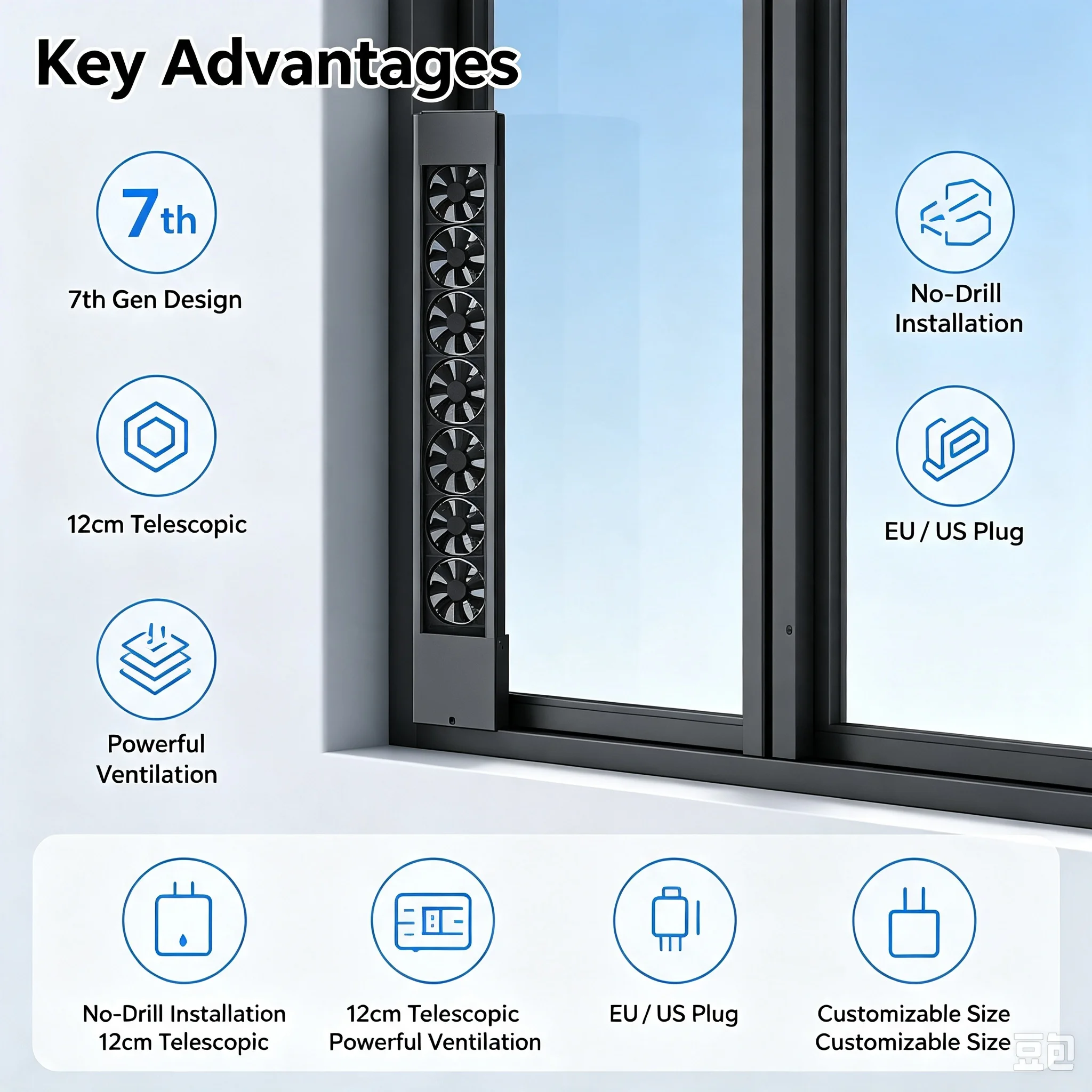 Household No-drill Retractable Window Exhaust Fan, Glass Vent Fan, Strong Stepless Speed Regulation