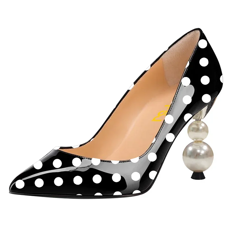 

Chic Black Polka Dot Pointy Toe Pumps Shoes with Decorative Heel