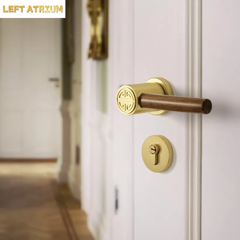 Walnut Wood Handle Metal Safety Door Lock Retro Bedroom Silent Locks Universal Split Locks Indoor Magnetic Lock Door Hardware