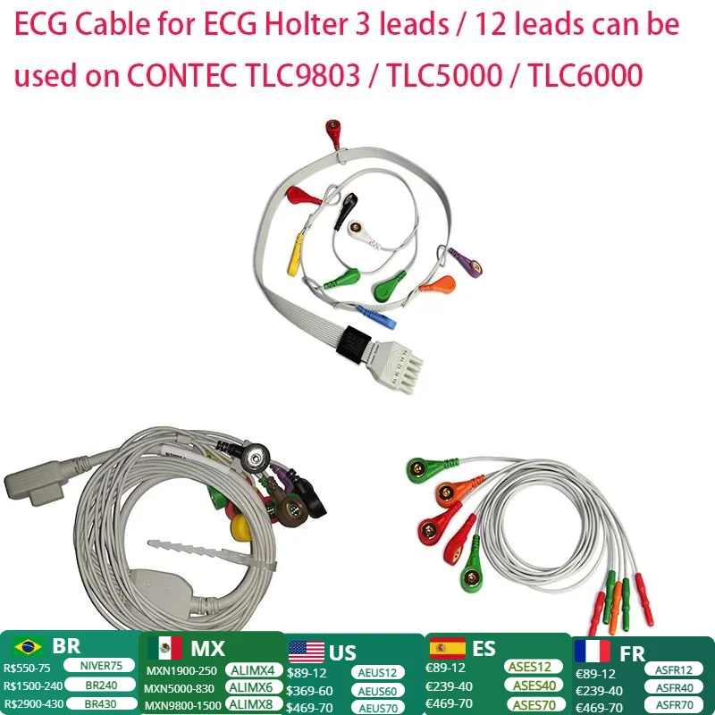 ECG Cable electrodes and for ECG Holter 3 leads / 12 leads can be used on CONTEC TLC9803 / TLC5000 / TLC6000