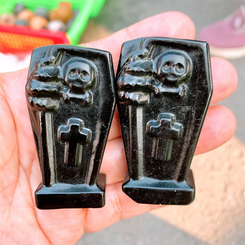 Natural Black Obsidian Coffins Crystal Carving Healing Energy Stone Home Decoration Ornaments Collection Gift 1PCS