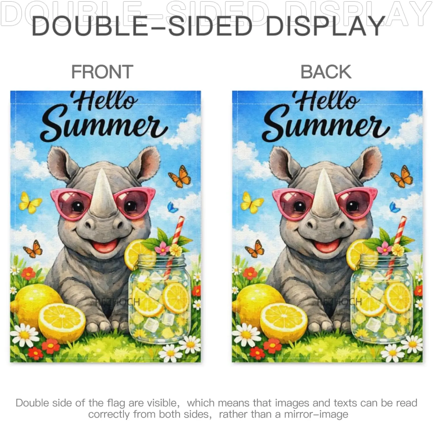Hello Summer Garden Flag 28x40 Inch,Fun Rhinoceros with Sunglasses,Lemonade Mason Jar Floral Yard Decor Flags,Cute Watercolo AAS