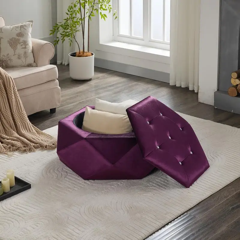 

Elegant Velvet Polygon Diamond Tufted Storage Ottoman - Multi-Functional Footrest & Seating Solution for Home - Comfortable and