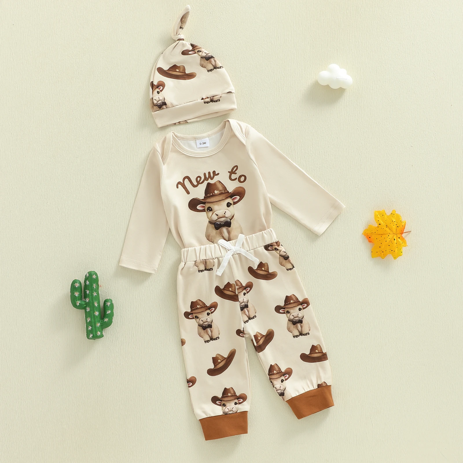 3피스 유아 남아 의상 카우걸 송아지 프린트 긴팔 크루넥 롬퍼 밴딩 조거 팬츠 모자 세트 남아 의류