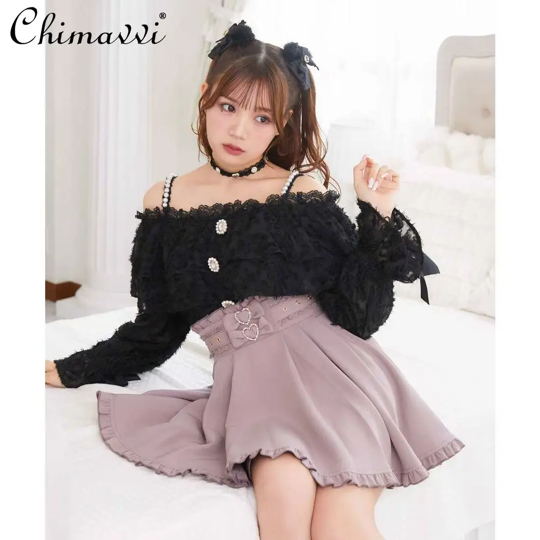 

Roj Sexy Off-Shoulder Long Sleeve Shirt Women Autumn Japanese Sweet Heavy Pearl Strap Slim Off-Shoulder Lolita Princess Blouse