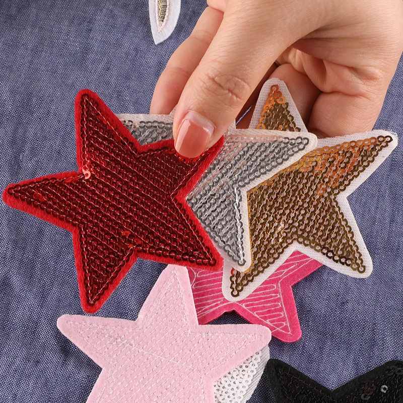 2PCS Sequin Pentagram Iron on Sewing Stickers Gold Silver Red Black Bling Star Embroidered Patches Garment  Backpack Decoration