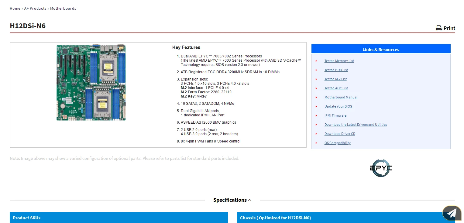 H12DSI-N6 pour sourire micro carte mère touristes EPYC 7003/7002 série processeurs, la série 7003 nécessite une version BIOS 2.3 ou plus récente